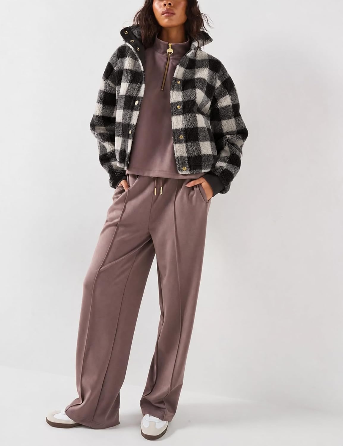 image:imageSpringrain Womens Plaid Sherpa Fleece Jacket Button Down Checkered CoatBlack
