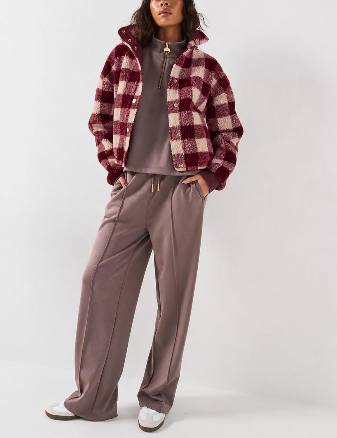 image:imageSpringrain Womens Plaid Sherpa Fleece Jacket Button Down Checkered CoatBurgundy