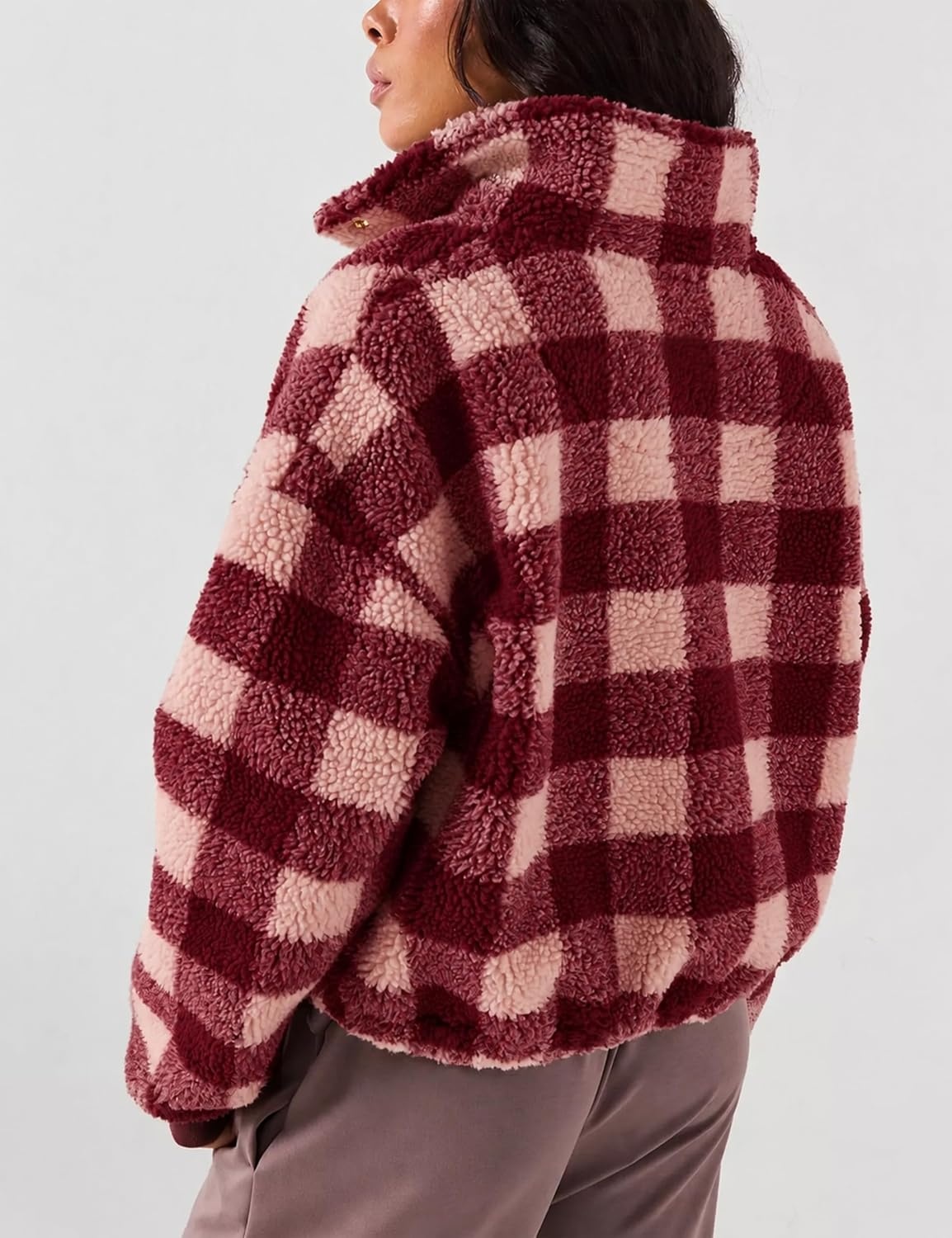 image:imageSpringrain Womens Plaid Sherpa Fleece Jacket Button Down Checkered CoatBurgundy