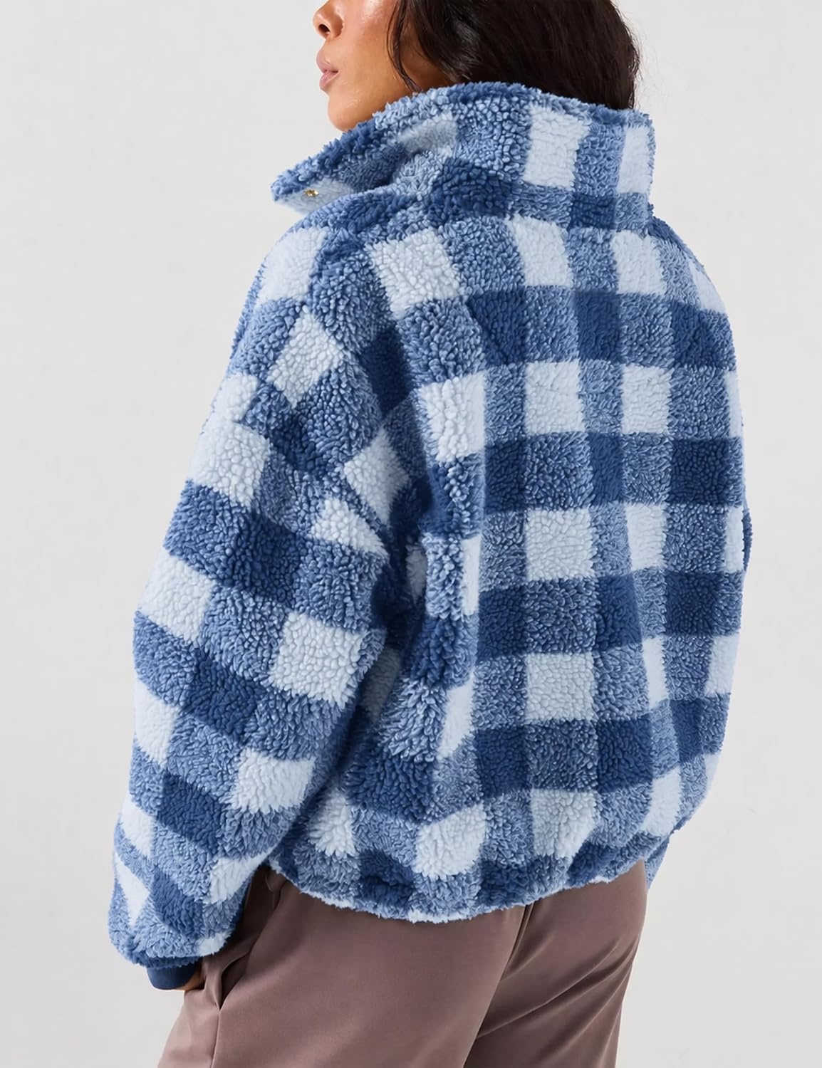 image:imageSpringrain Womens Plaid Sherpa Fleece Jacket Button Down Checkered CoatDustyblue