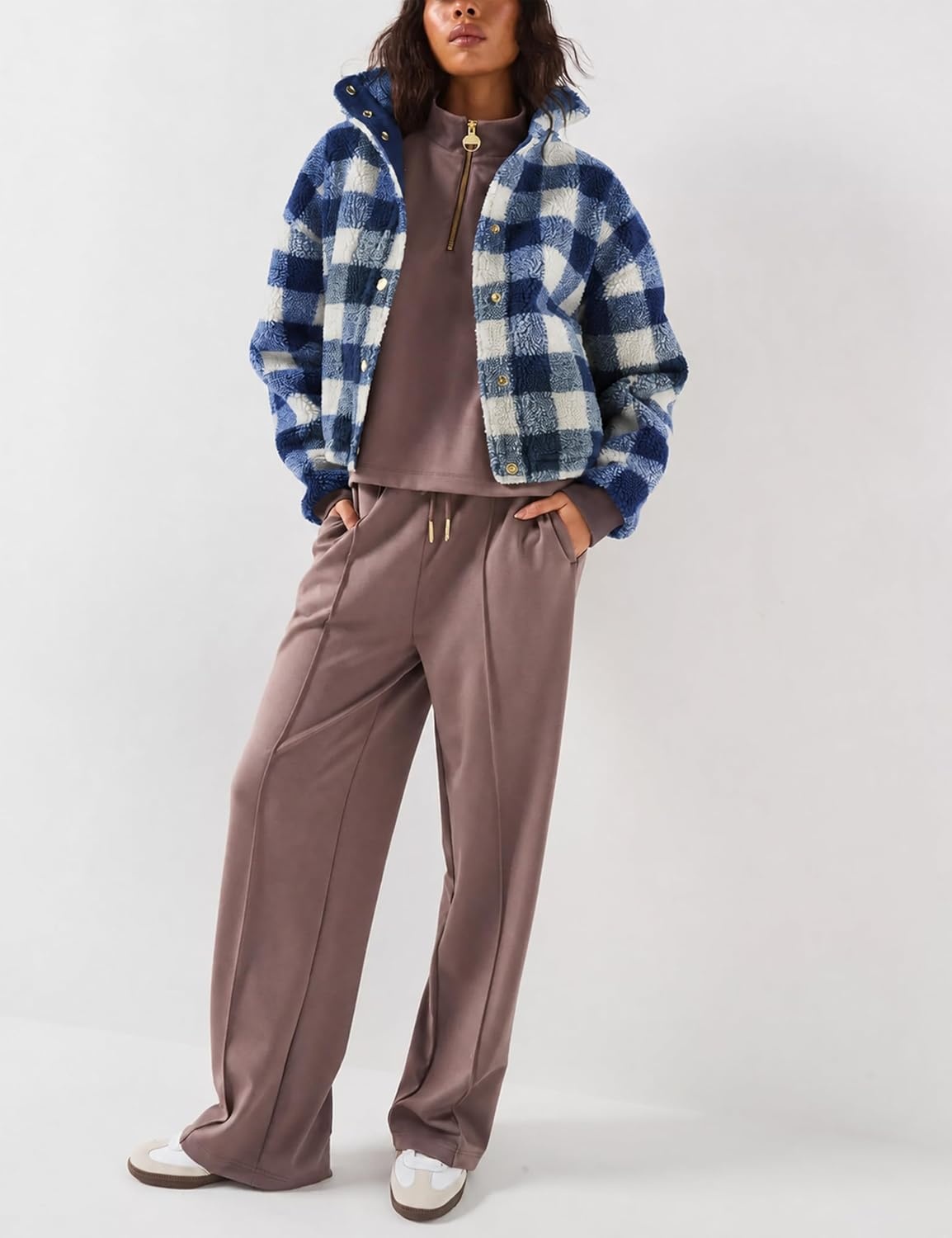image:imageSpringrain Womens Plaid Sherpa Fleece Jacket Button Down Checkered CoatDustyblue
