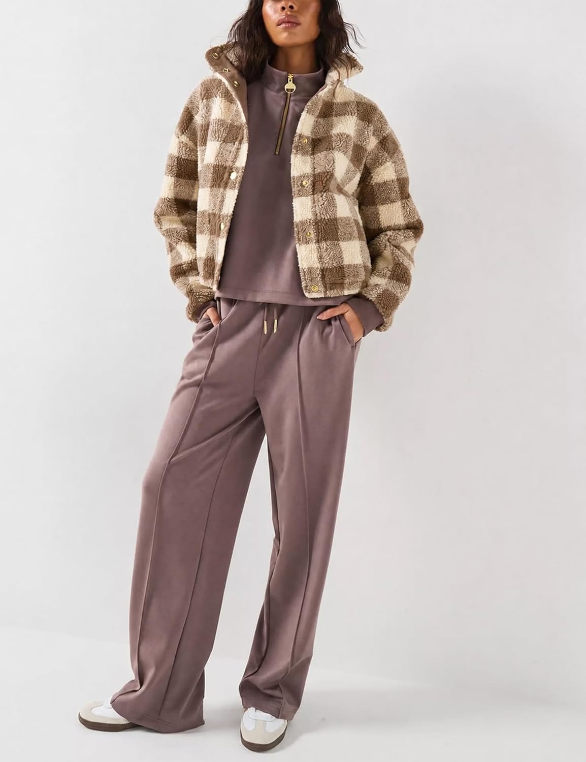 image:imageSpringrain Womens Plaid Sherpa Fleece Jacket Button Down Checkered CoatKhaki