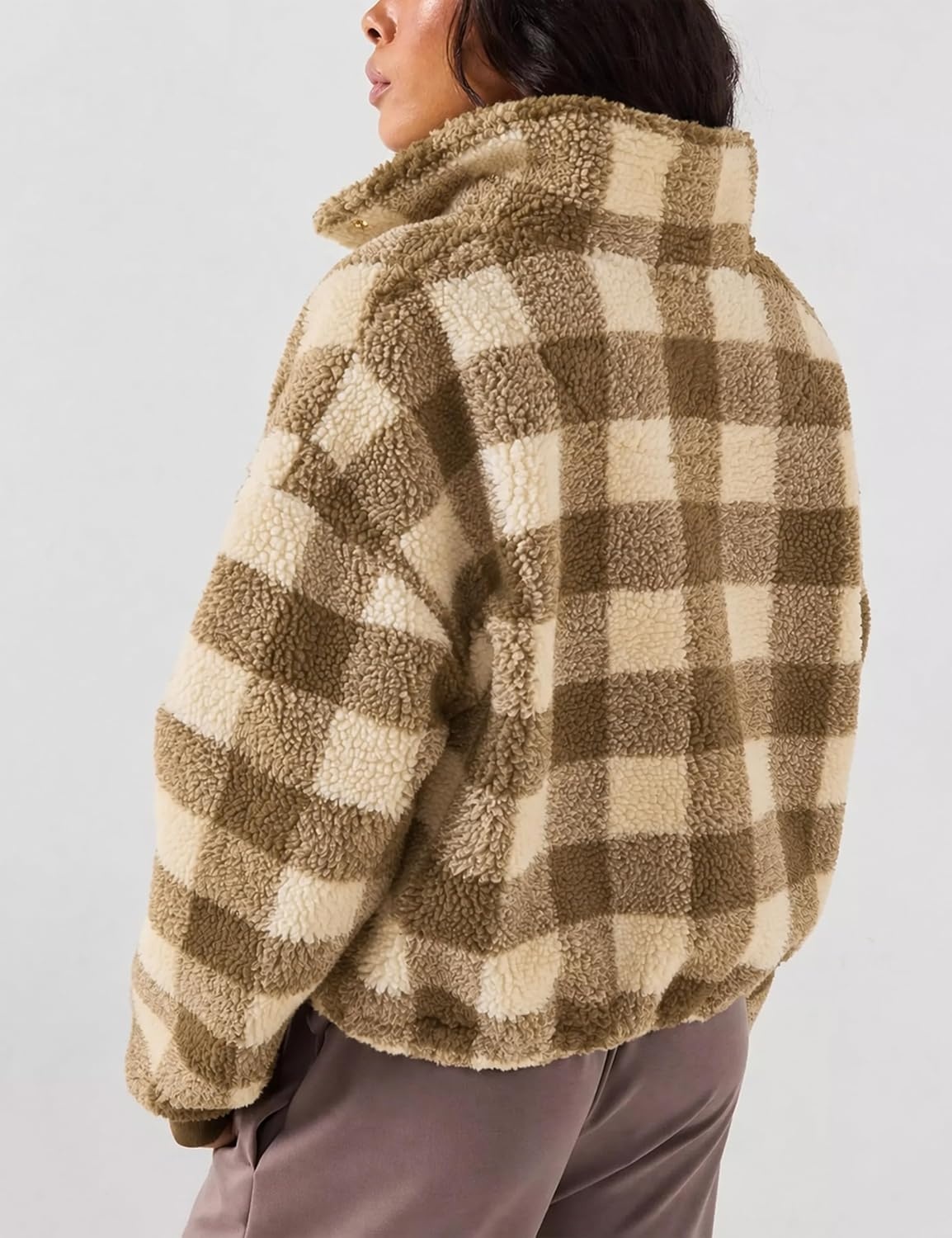image:imageSpringrain Womens Plaid Sherpa Fleece Jacket Button Down Checkered CoatKhaki