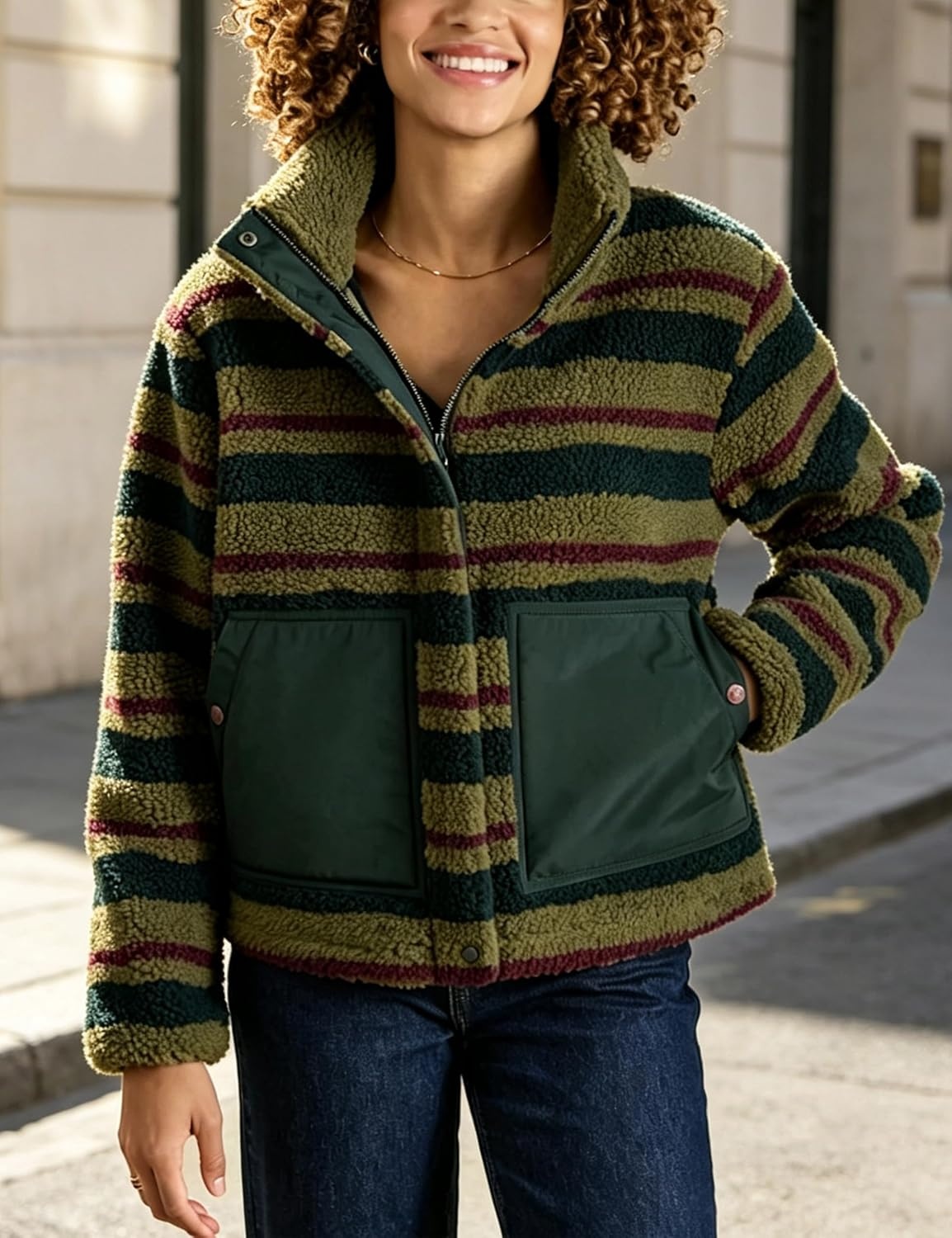 image:imageSpringrain Womens Striped Sherpa Fleece Jacket Zip Up Stand Collar CoatArmygreen