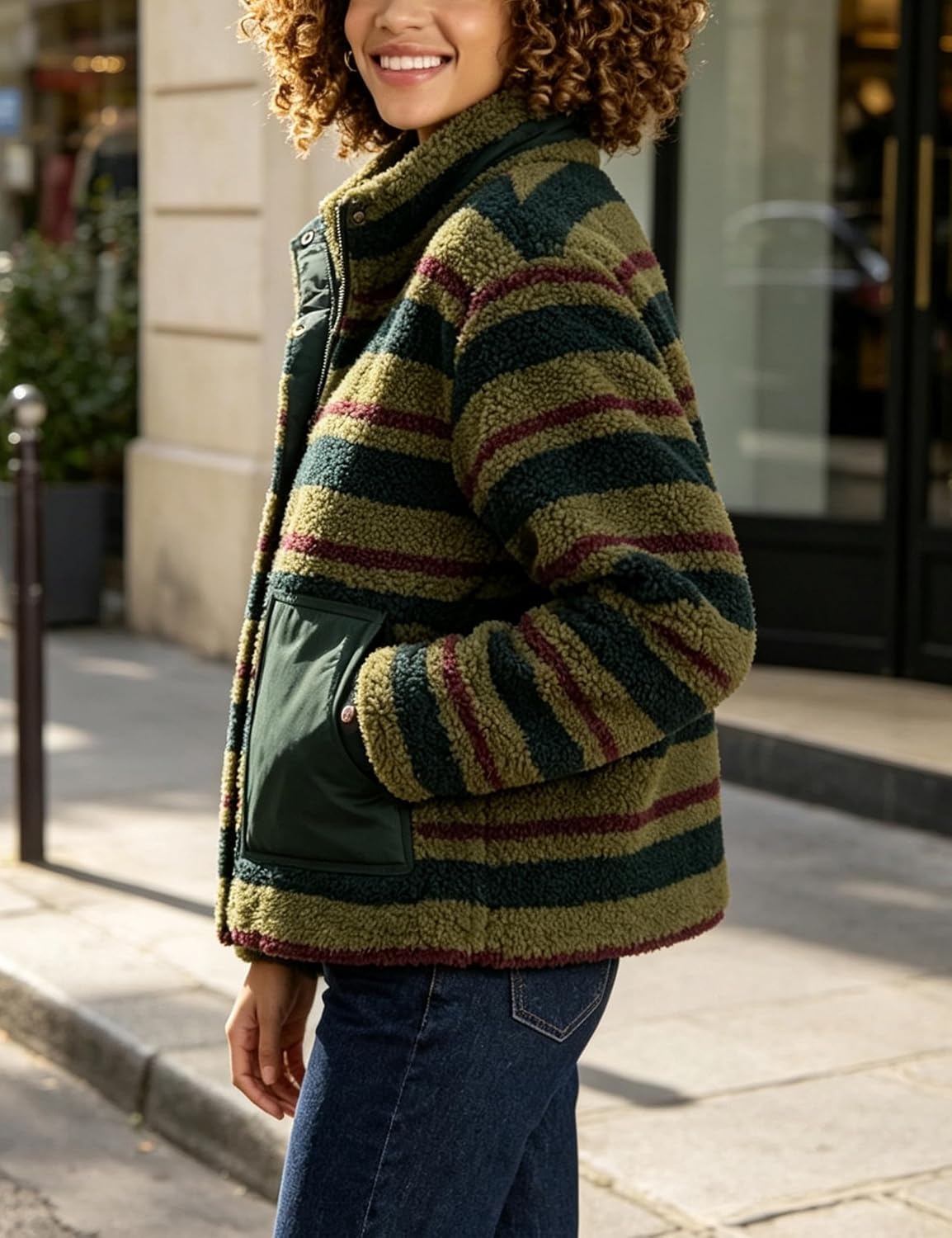 image:imageSpringrain Womens Striped Sherpa Fleece Jacket Zip Up Stand Collar CoatArmygreen