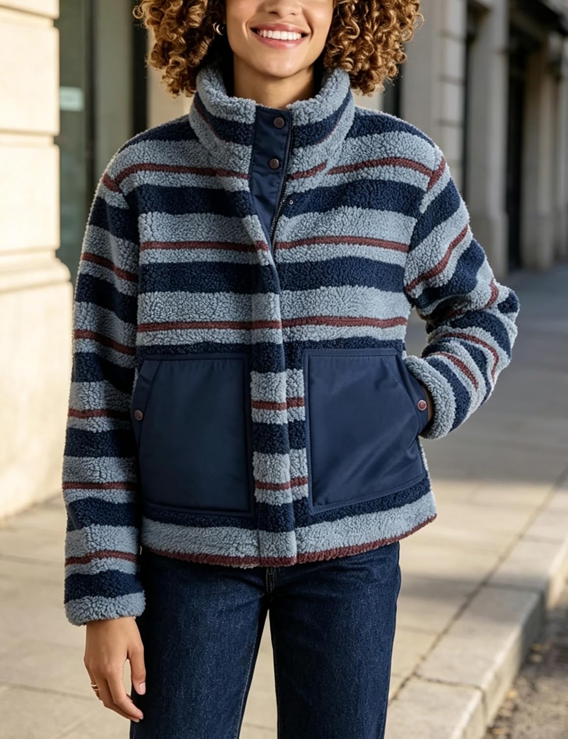 image:imageSpringrain Womens Striped Sherpa Fleece Jacket Zip Up Stand Collar CoatDustyblue