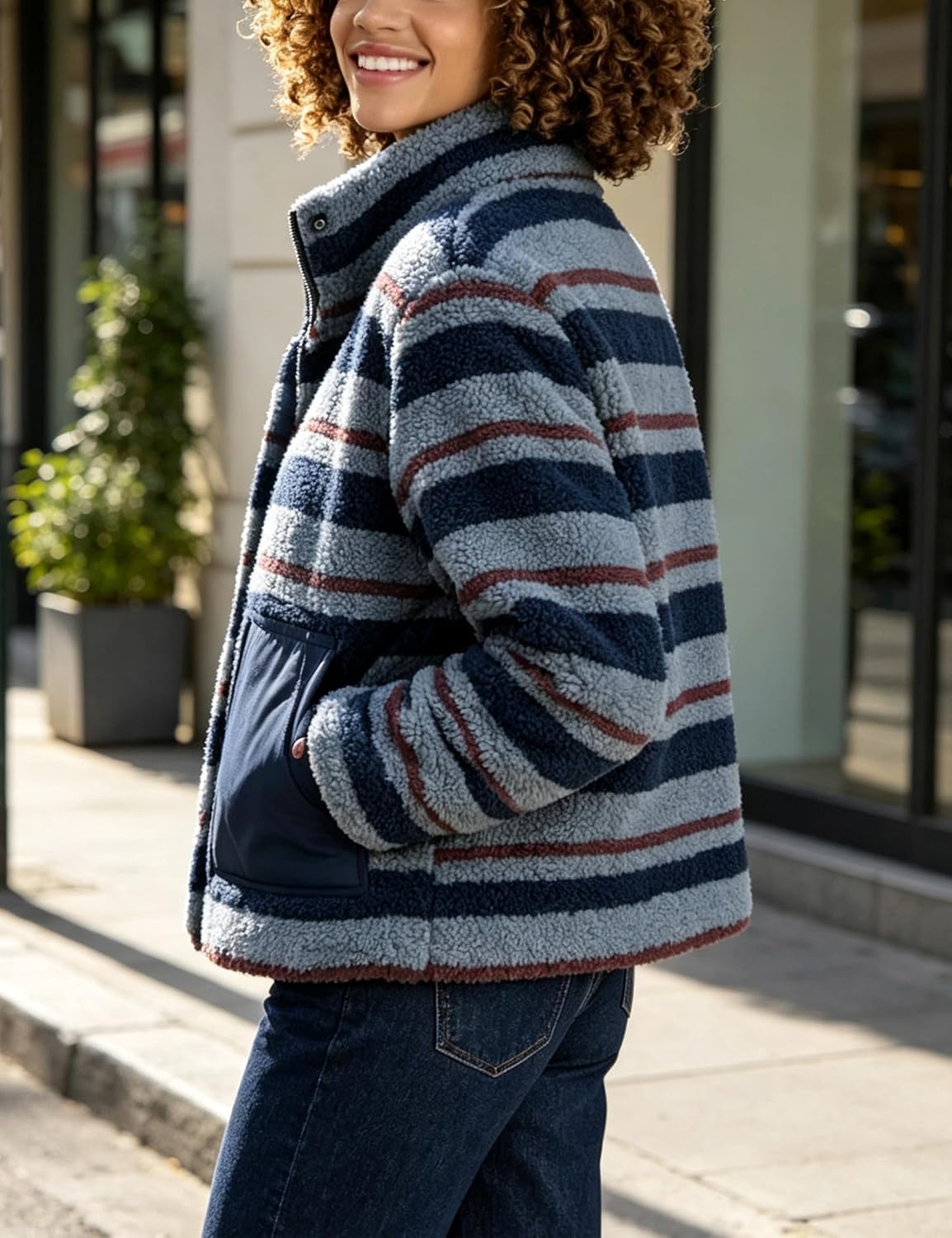 image:imageSpringrain Womens Striped Sherpa Fleece Jacket Zip Up Stand Collar CoatDustyblue