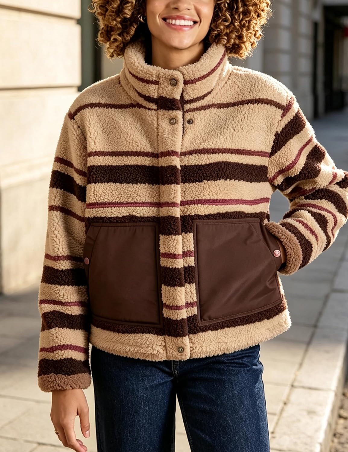 image:imageSpringrain Womens Striped Sherpa Fleece Jacket Zip Up Stand Collar CoatKhaki