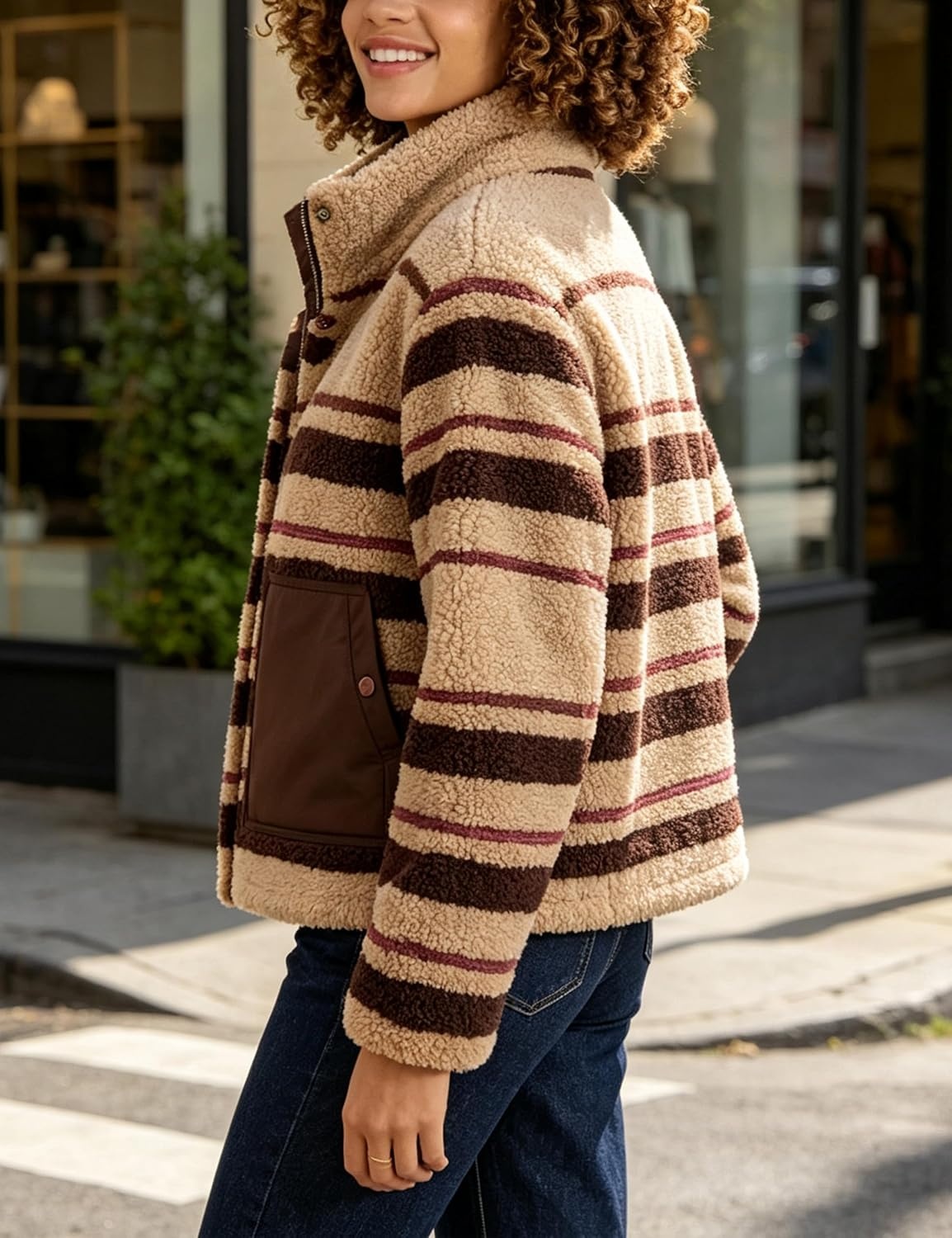 image:imageSpringrain Womens Striped Sherpa Fleece Jacket Zip Up Stand Collar CoatKhaki