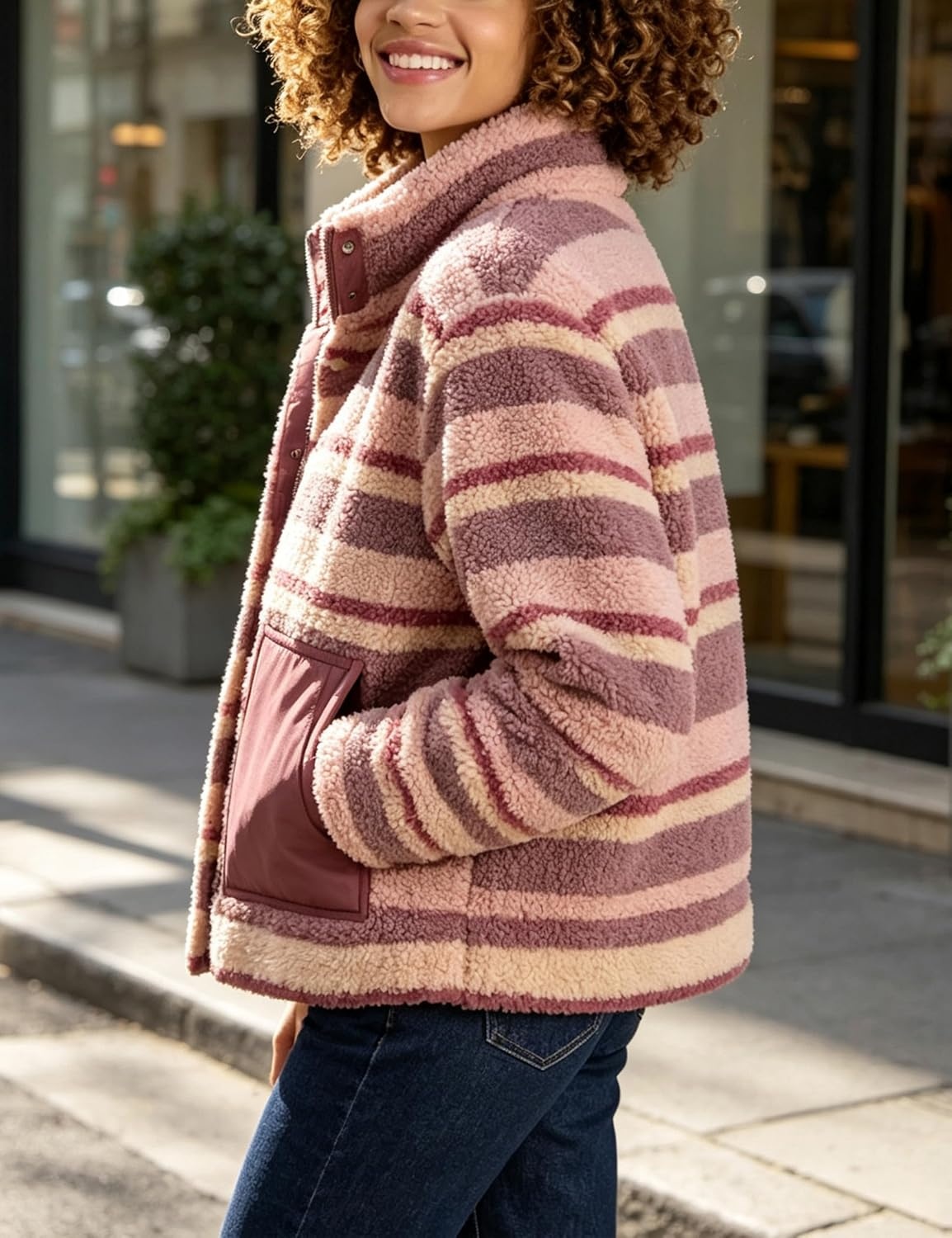 image:imageSpringrain Womens Striped Sherpa Fleece Jacket Zip Up Stand Collar CoatPink