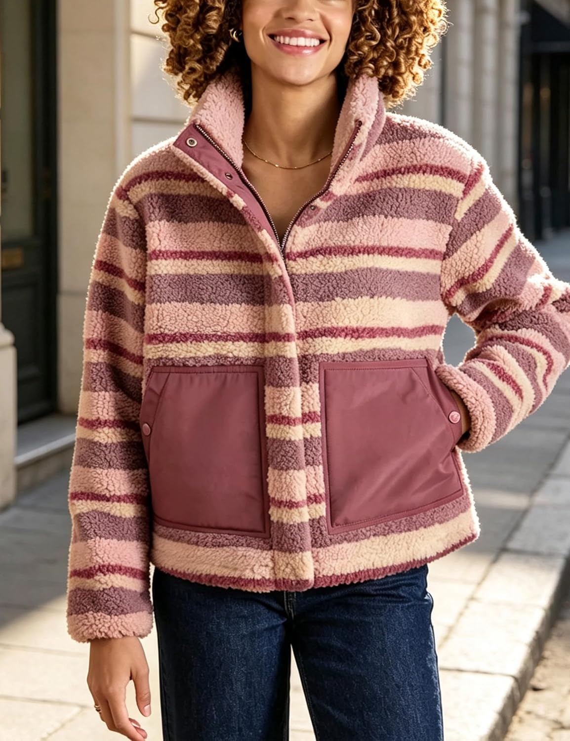 image:imageSpringrain Womens Striped Sherpa Fleece Jacket Zip Up Stand Collar CoatPink