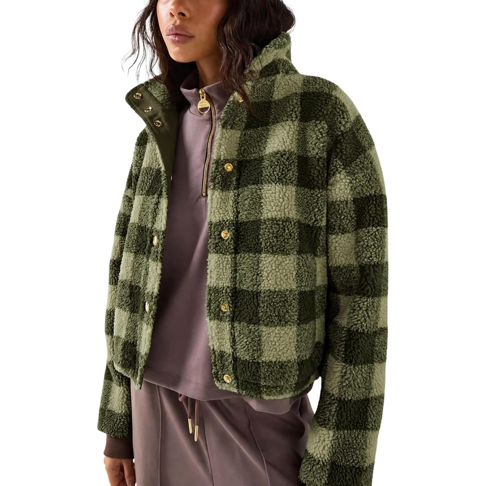 image:imageSpringrain Womens Plaid Sherpa Fleece Jacket Button Down Checkered CoatArmygreen