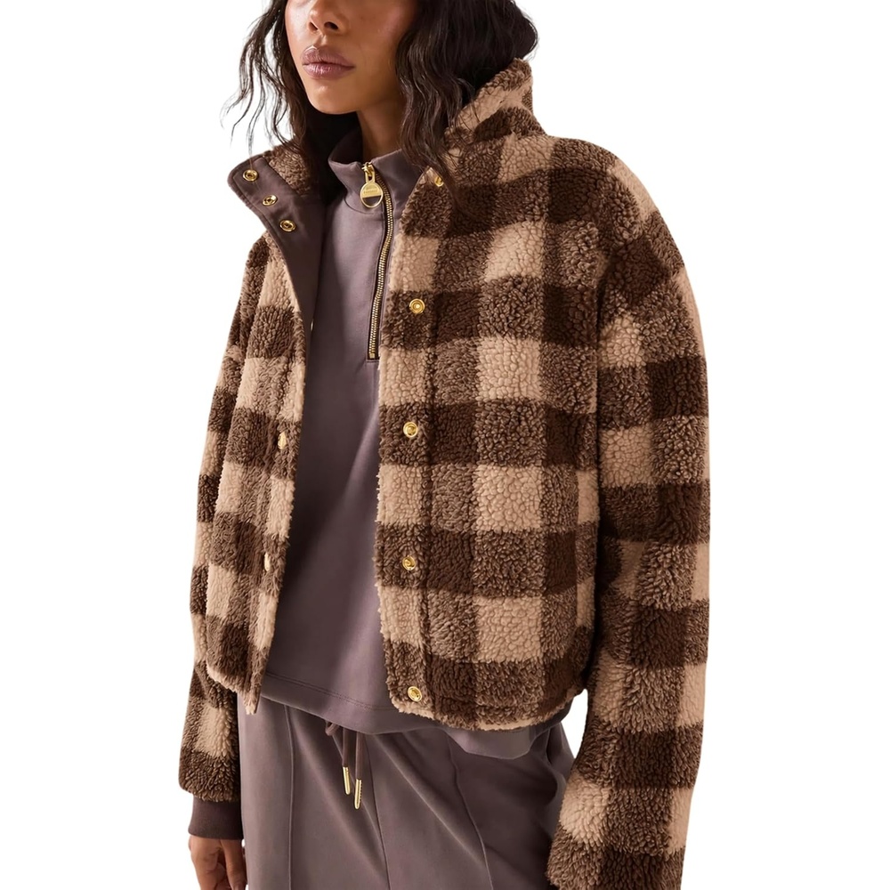 image:imageSpringrain Womens Plaid Sherpa Fleece Jacket Button Down Checkered CoatBrown
