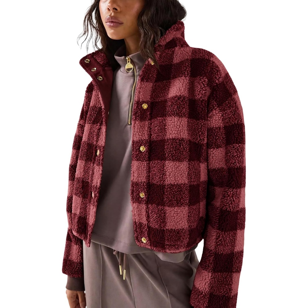 image:imageSpringrain Womens Plaid Sherpa Fleece Jacket Button Down Checkered CoatBurgundy