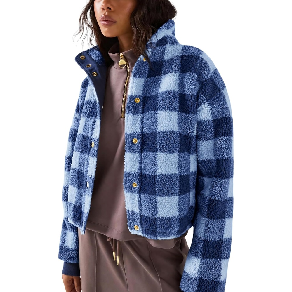 image:imageSpringrain Womens Plaid Sherpa Fleece Jacket Button Down Checkered CoatDustyblue