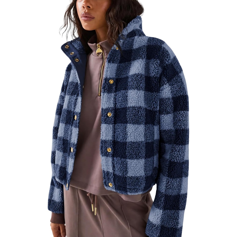 image:imageSpringrain Womens Plaid Sherpa Fleece Jacket Button Down Checkered CoatNavy