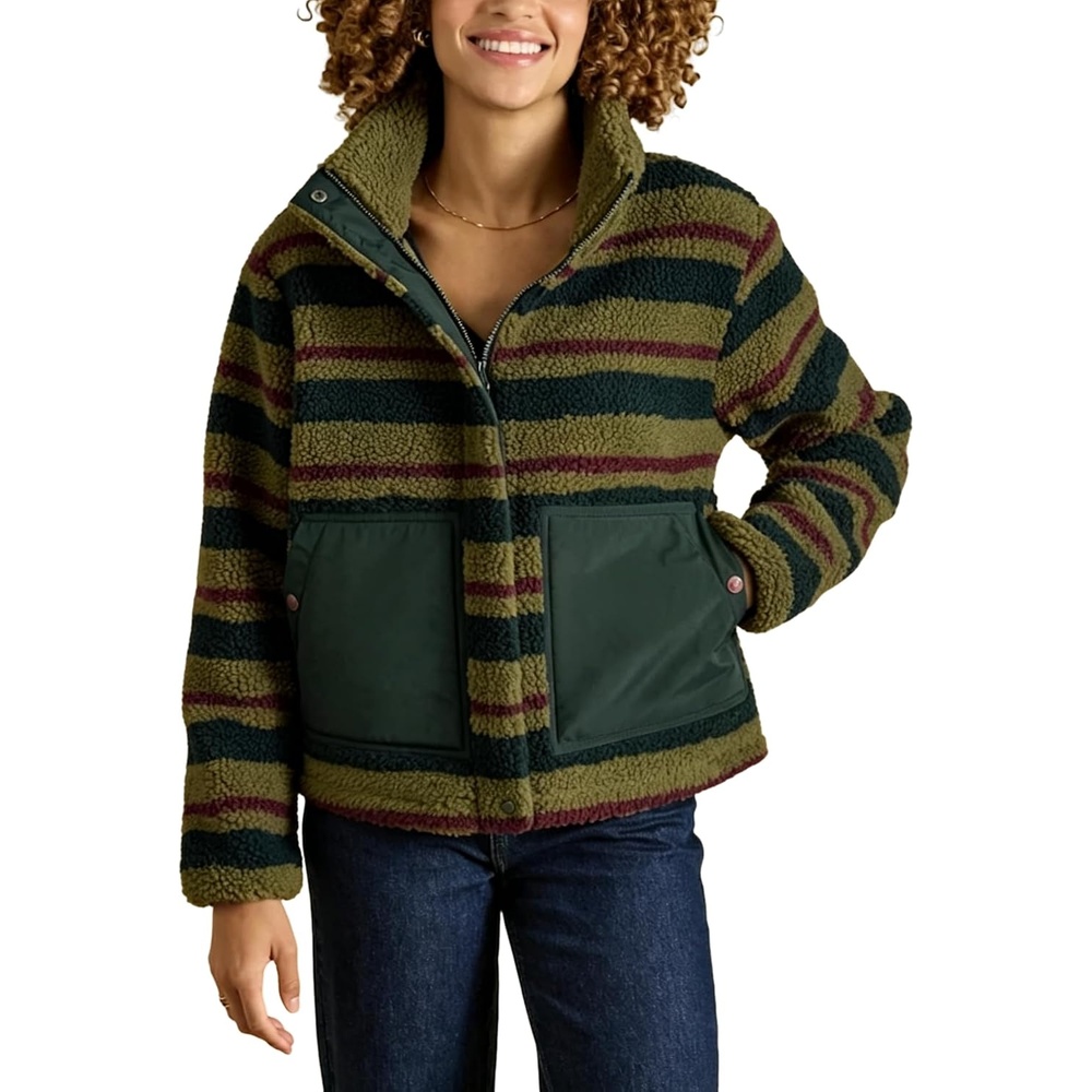 image:imageSpringrain Womens Striped Sherpa Fleece Jacket Zip Up Stand Collar CoatArmygreen
