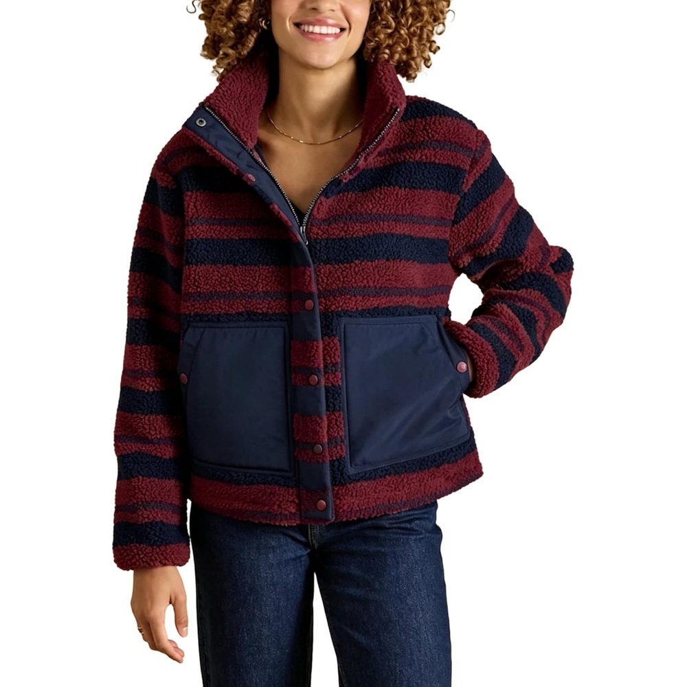 image:imageSpringrain Womens Striped Sherpa Fleece Jacket Zip Up Stand Collar CoatBurgundy