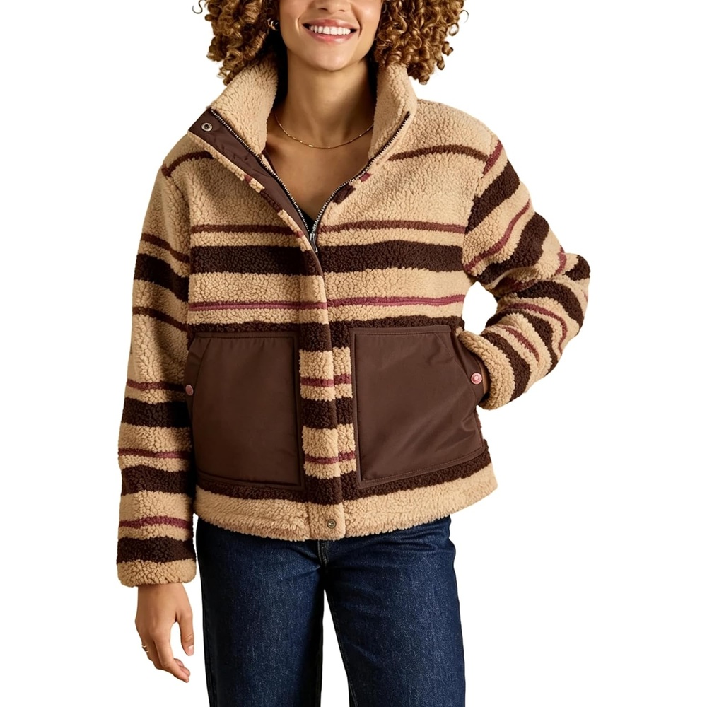 image:imageSpringrain Womens Striped Sherpa Fleece Jacket Zip Up Stand Collar CoatKhaki