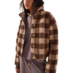 Springrain Women’s Plaid Sherpa Fleece Jacket Button Down Checkered Coat(Brown)