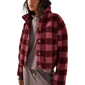 Springrain Women’s Plaid Sherpa Fleece Jacket Button Down Checkered Coat(Burgundy)