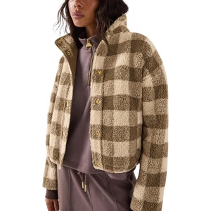 Springrain Women’s Plaid Sherpa Fleece Jacket Button Down Checkered Coat(Khaki)
