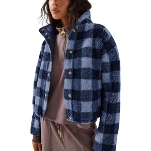 Springrain Women’s Plaid Sherpa Fleece Jacket Button Down Checkered Coat(Navy)