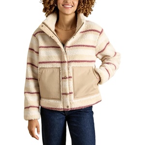 Springrain Women’s Striped Sherpa Fleece Jacket Zip Up Stand Collar Coat(Beige)