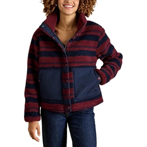 Springrain Women’s Striped Sherpa Fleece Jacket Zip Up Stand Collar Coat(Burgundy)