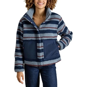 Springrain Women’s Striped Sherpa Fleece Jacket Zip Up Stand Collar Coat(Dustyblue)