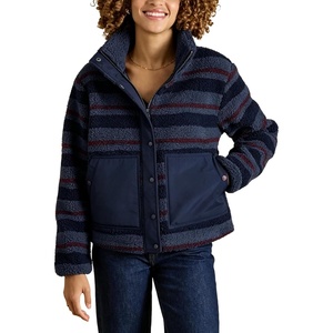 Springrain Women’s Striped Sherpa Fleece Jacket Zip Up Stand Collar Coat(Navy)