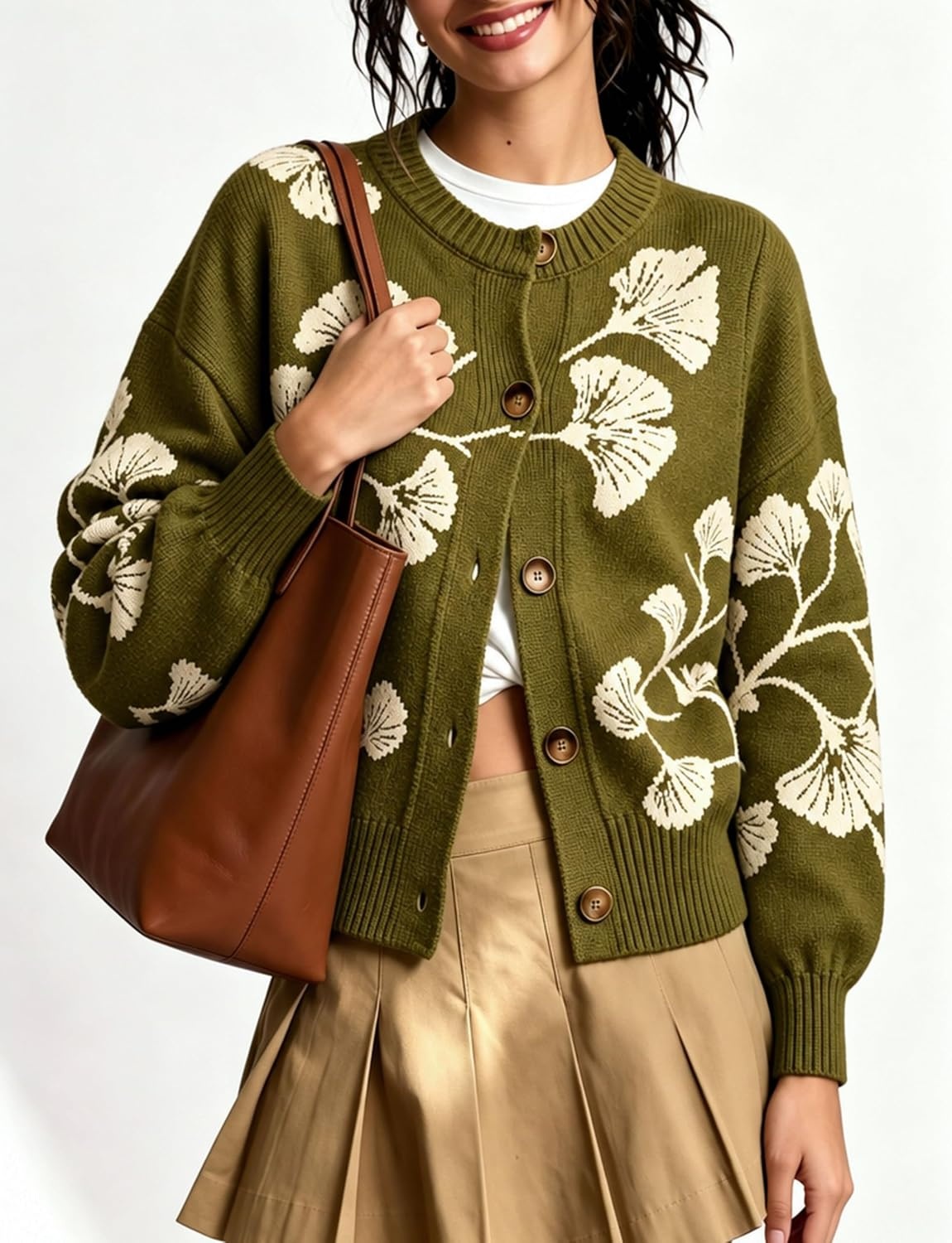 image:imageSpringrain Womens Floral Cardigan Crew Neck Button Down Knit SweaterArmygreen