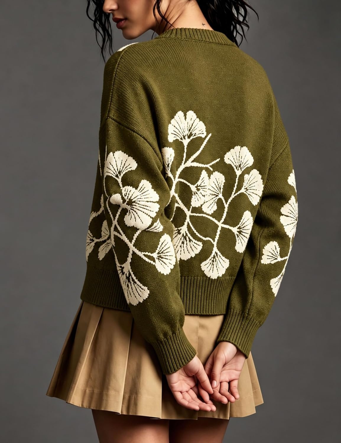 image:imageSpringrain Womens Floral Cardigan Crew Neck Button Down Knit SweaterArmygreen