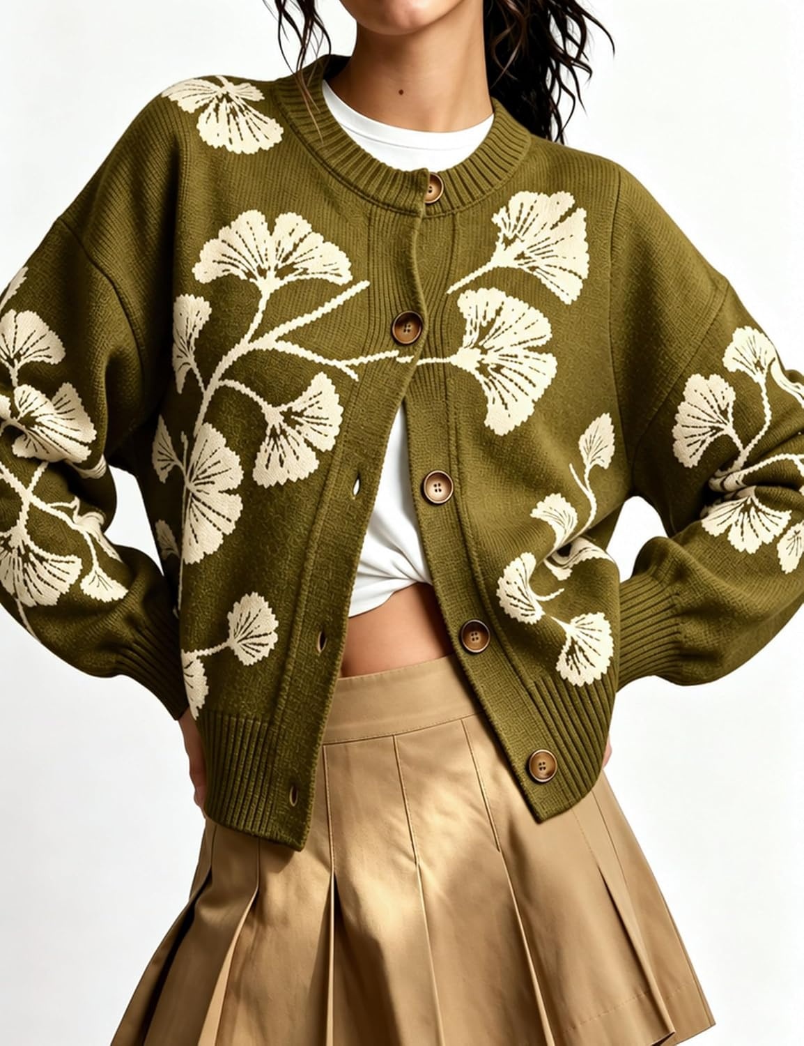 image:imageSpringrain Womens Floral Cardigan Crew Neck Button Down Knit SweaterArmygreen