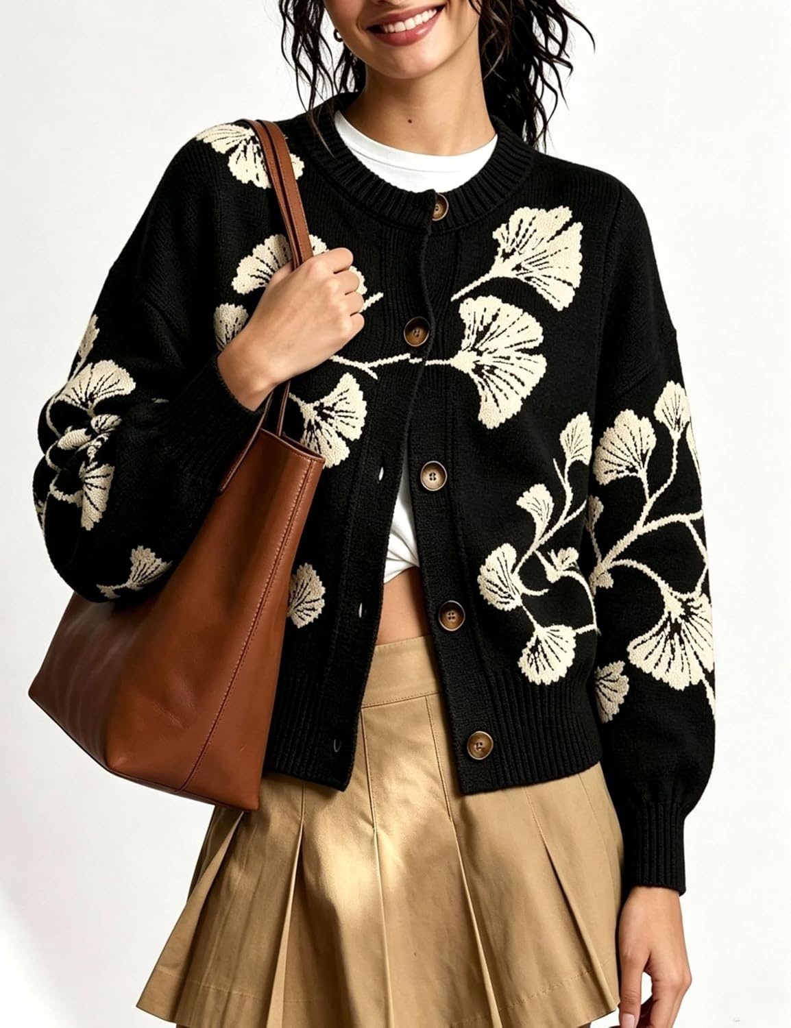 image:imageSpringrain Womens Floral Cardigan Crew Neck Button Down Knit SweaterBlack