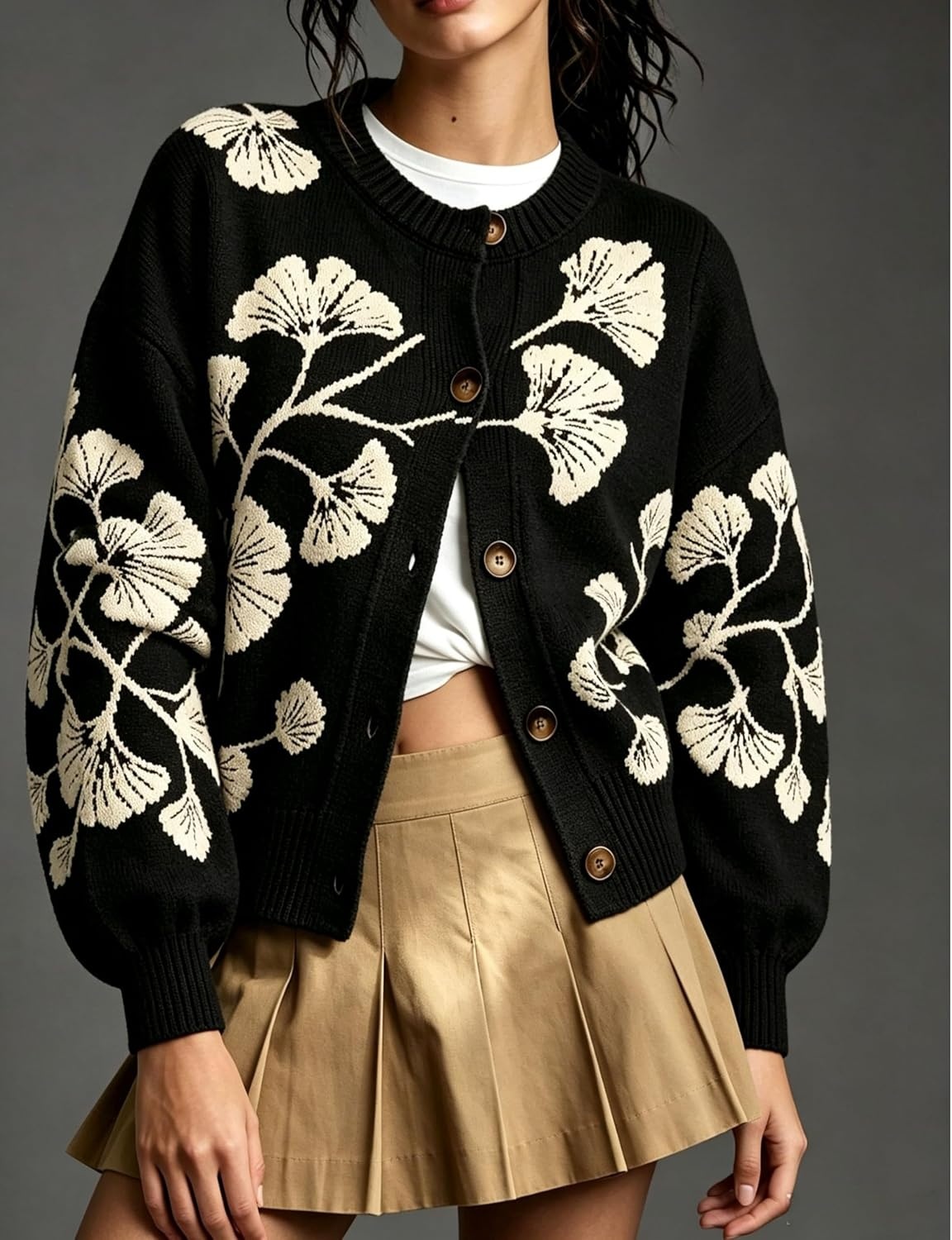 image:imageSpringrain Womens Floral Cardigan Crew Neck Button Down Knit SweaterBlack