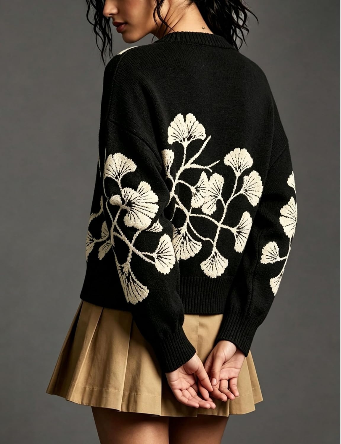 image:imageSpringrain Womens Floral Cardigan Crew Neck Button Down Knit SweaterBlack