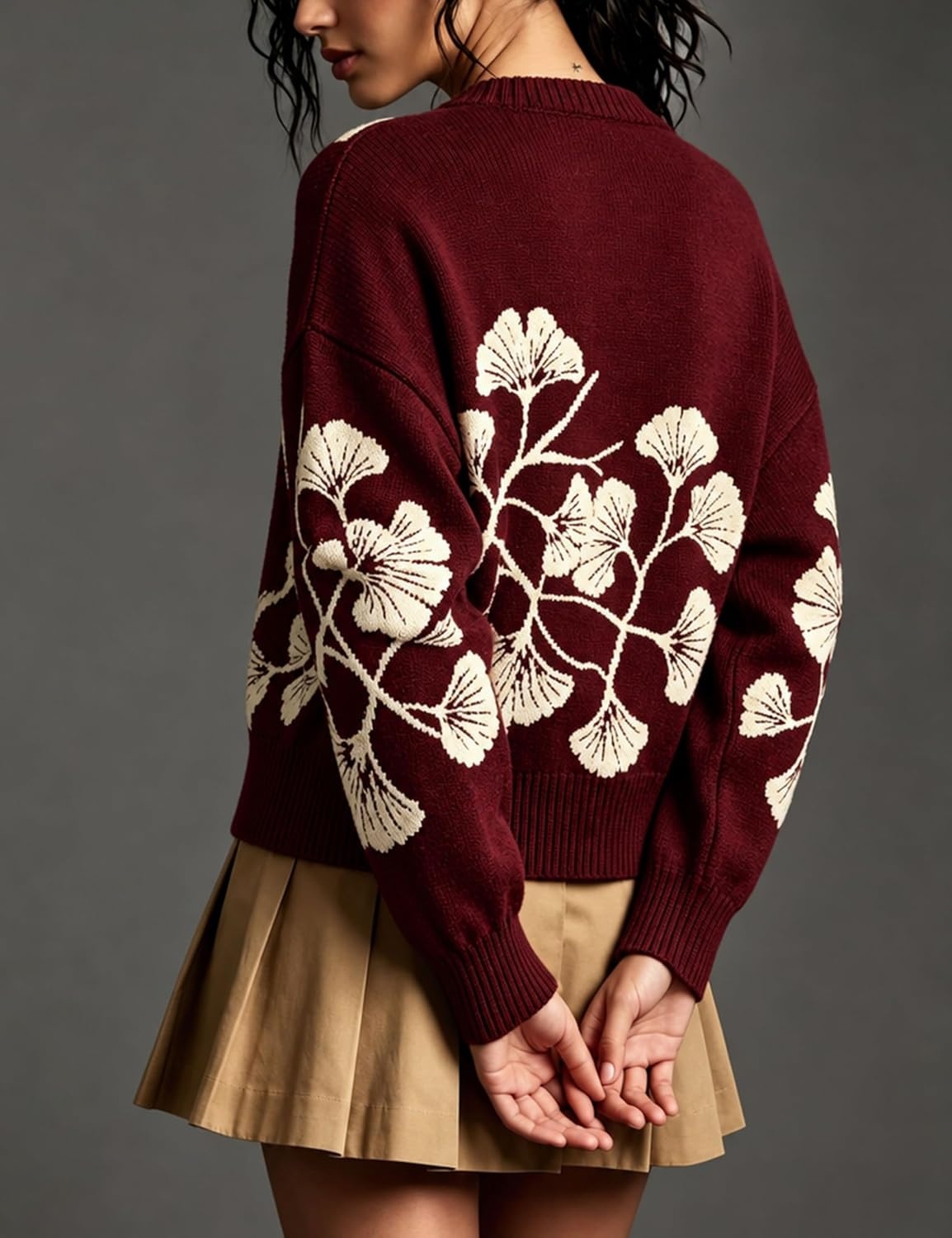 image:imageSpringrain Womens Floral Cardigan Crew Neck Button Down Knit SweaterBurgundy