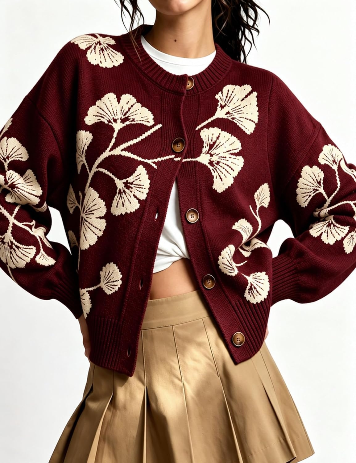 image:imageSpringrain Womens Floral Cardigan Crew Neck Button Down Knit SweaterBurgundy