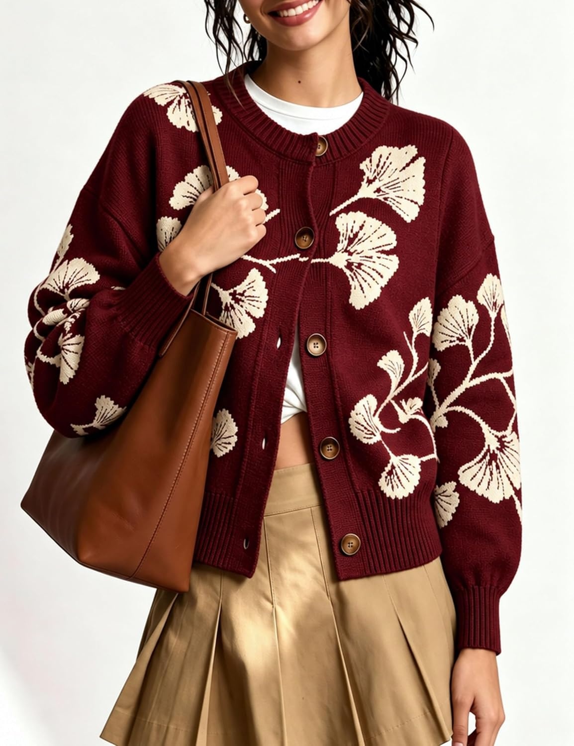image:imageSpringrain Womens Floral Cardigan Crew Neck Button Down Knit SweaterBurgundy