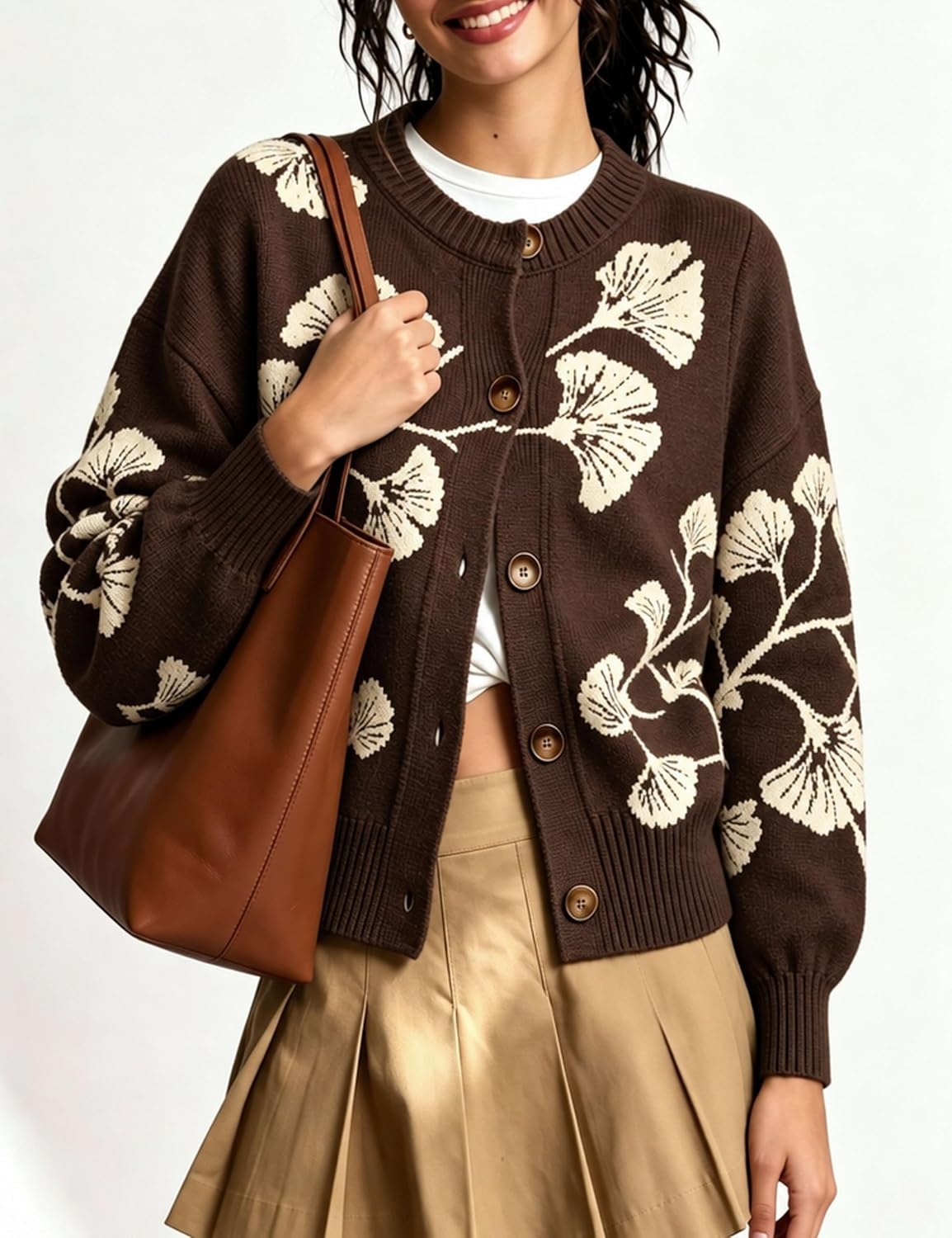 image:imageSpringrain Womens Floral Cardigan Crew Neck Button Down Knit SweaterCoffee