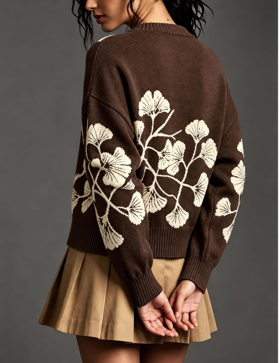 image:imageSpringrain Womens Floral Cardigan Crew Neck Button Down Knit SweaterCoffee