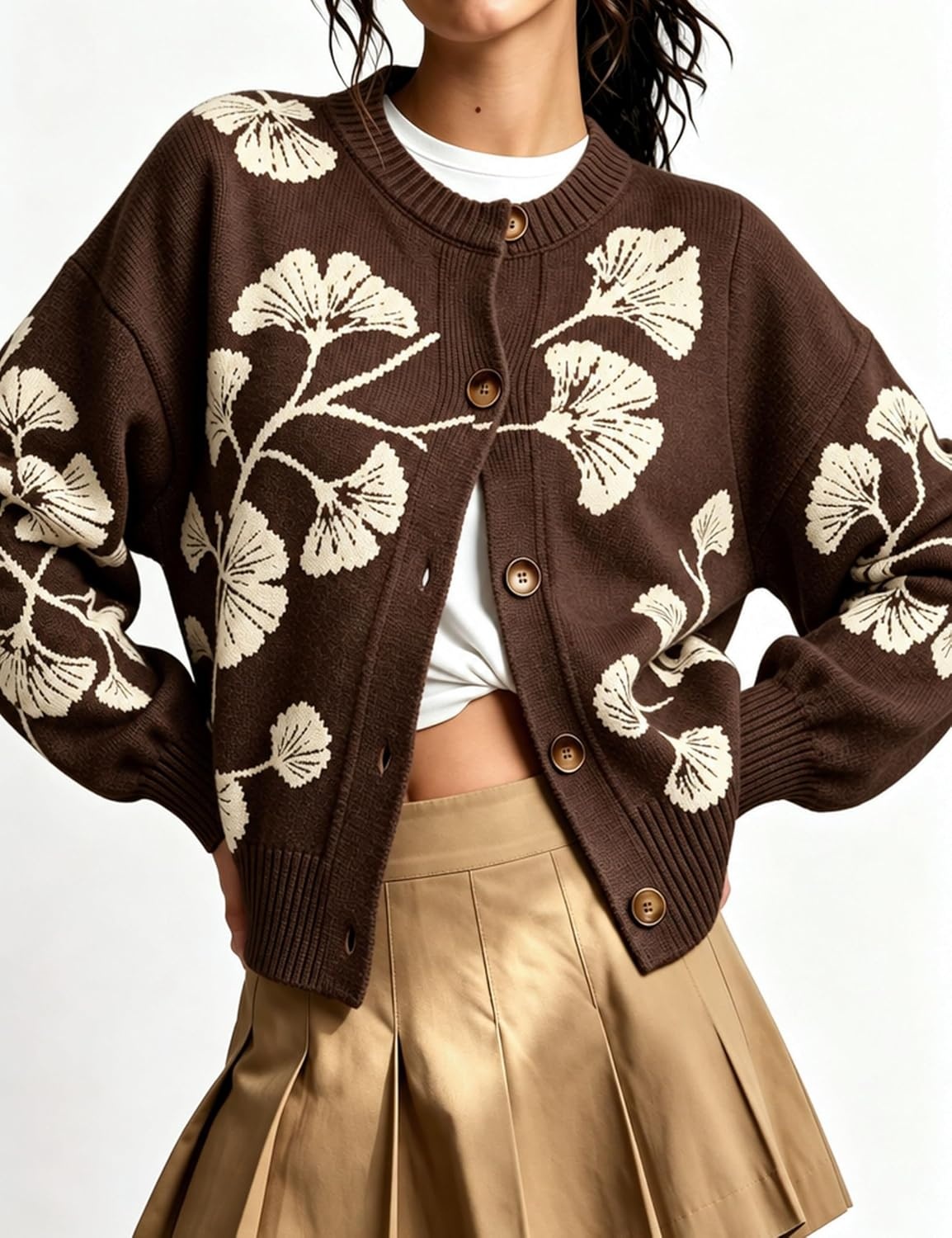 image:imageSpringrain Womens Floral Cardigan Crew Neck Button Down Knit SweaterCoffee