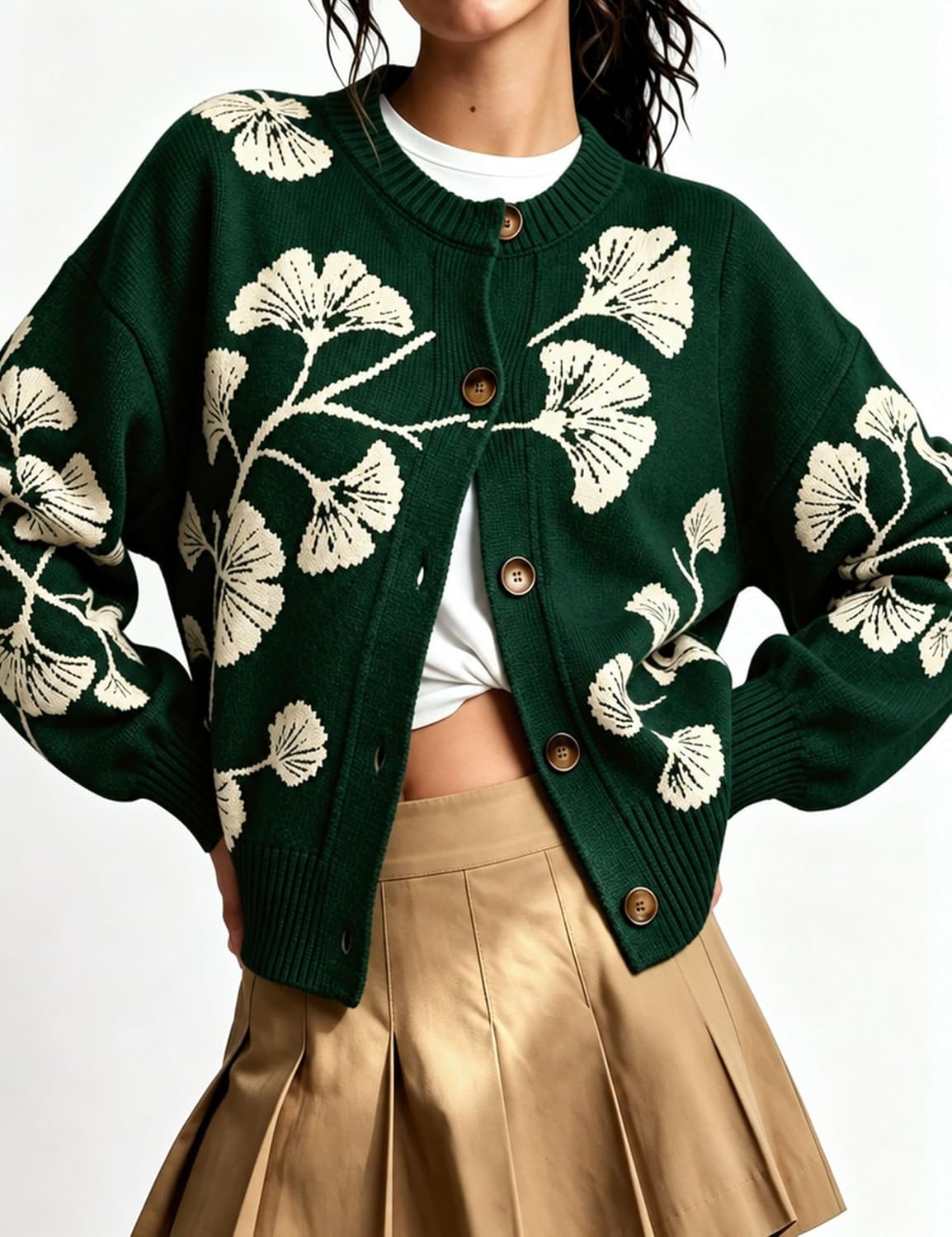 image:imageSpringrain Womens Floral Cardigan Crew Neck Button Down Knit SweaterDarkgreen