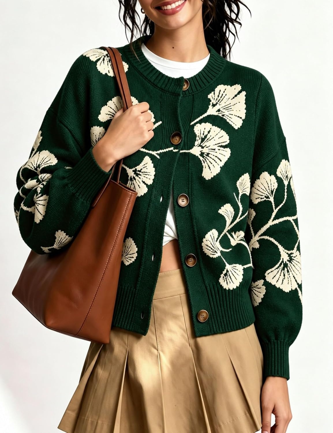 image:imageSpringrain Womens Floral Cardigan Crew Neck Button Down Knit SweaterDarkgreen