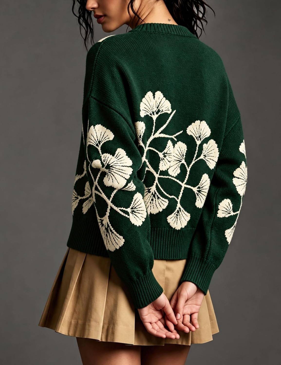 image:imageSpringrain Womens Floral Cardigan Crew Neck Button Down Knit SweaterDarkgreen