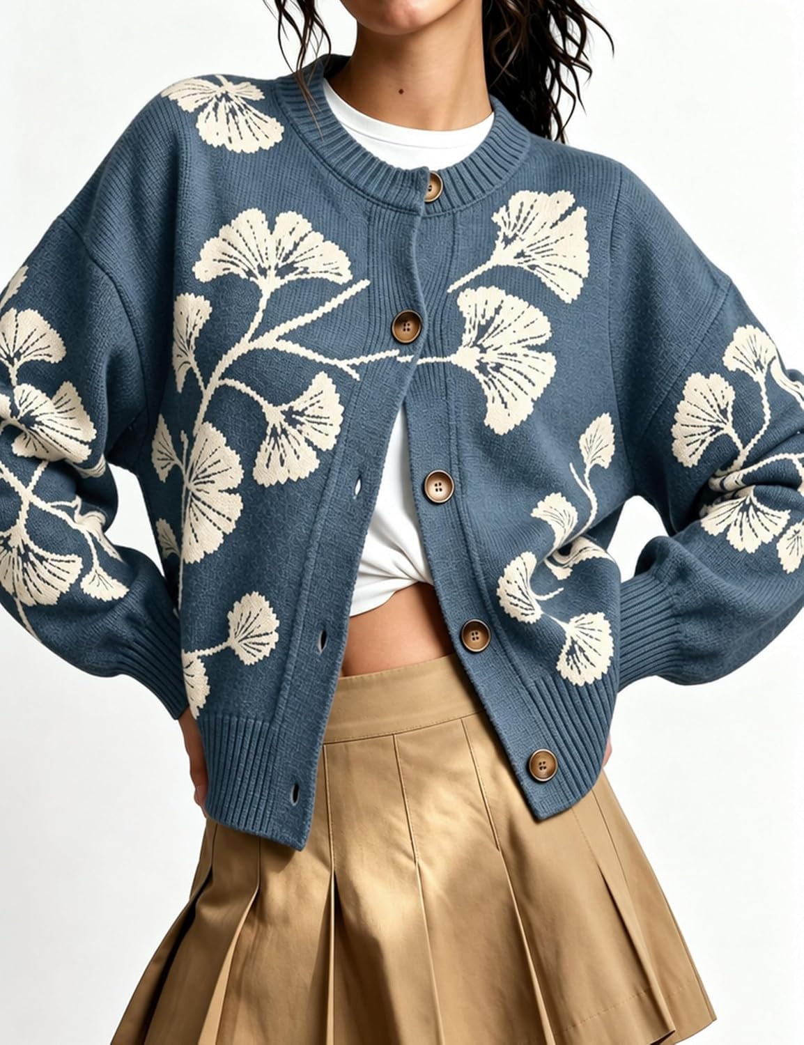 image:imageSpringrain Womens Floral Cardigan Crew Neck Button Down Knit SweaterDustyblue