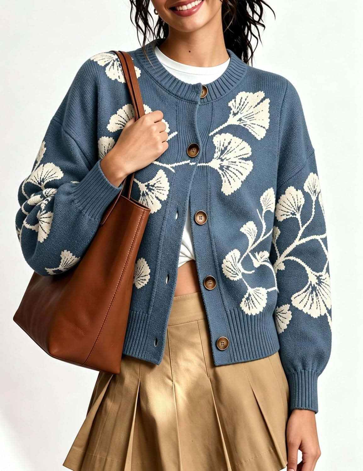 image:imageSpringrain Womens Floral Cardigan Crew Neck Button Down Knit SweaterDustyblue