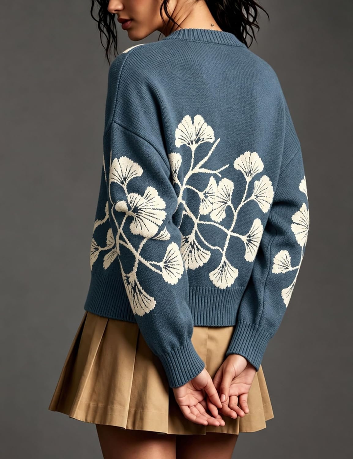 image:imageSpringrain Womens Floral Cardigan Crew Neck Button Down Knit SweaterDustyblue
