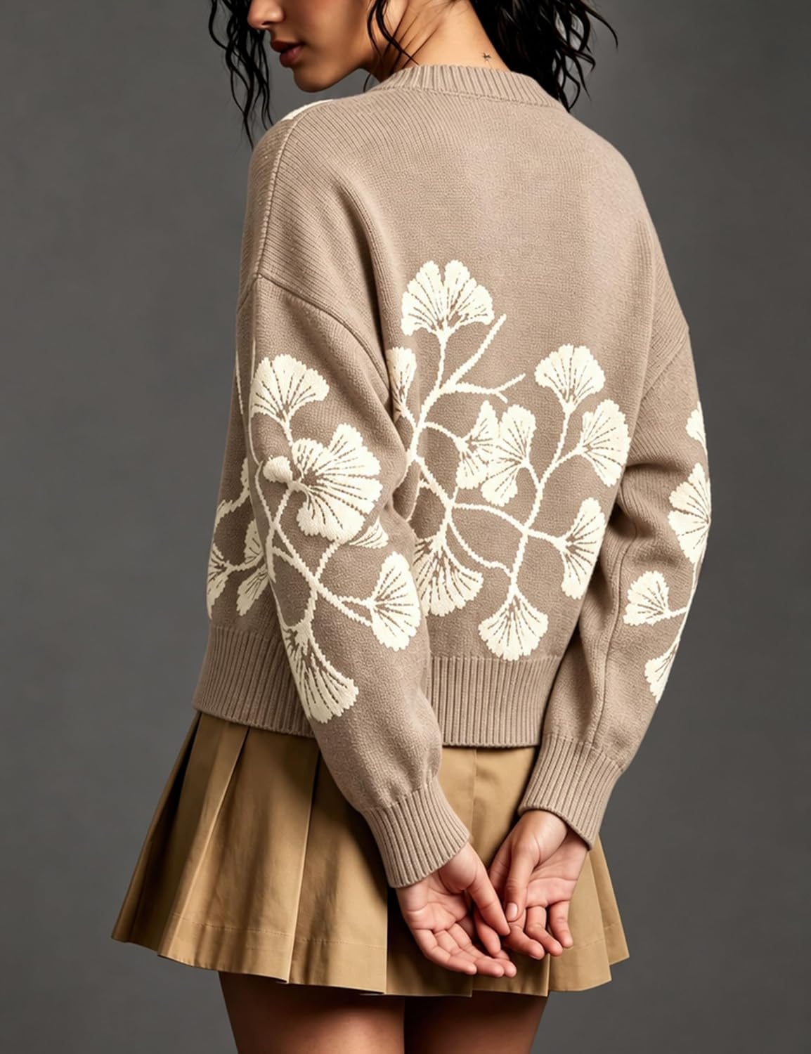 image:imageSpringrain Womens Floral Cardigan Crew Neck Button Down Knit SweaterKhaki